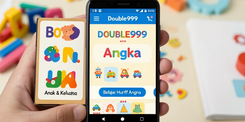 Tampilan antarmuka aplikasi DOUBLE999 yang menampilkan aktivitas belajar huruf dan angka.